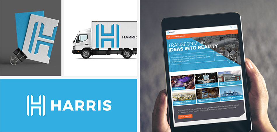 Harris Company rebrand components, including visual brand identity, logo design, and web design.